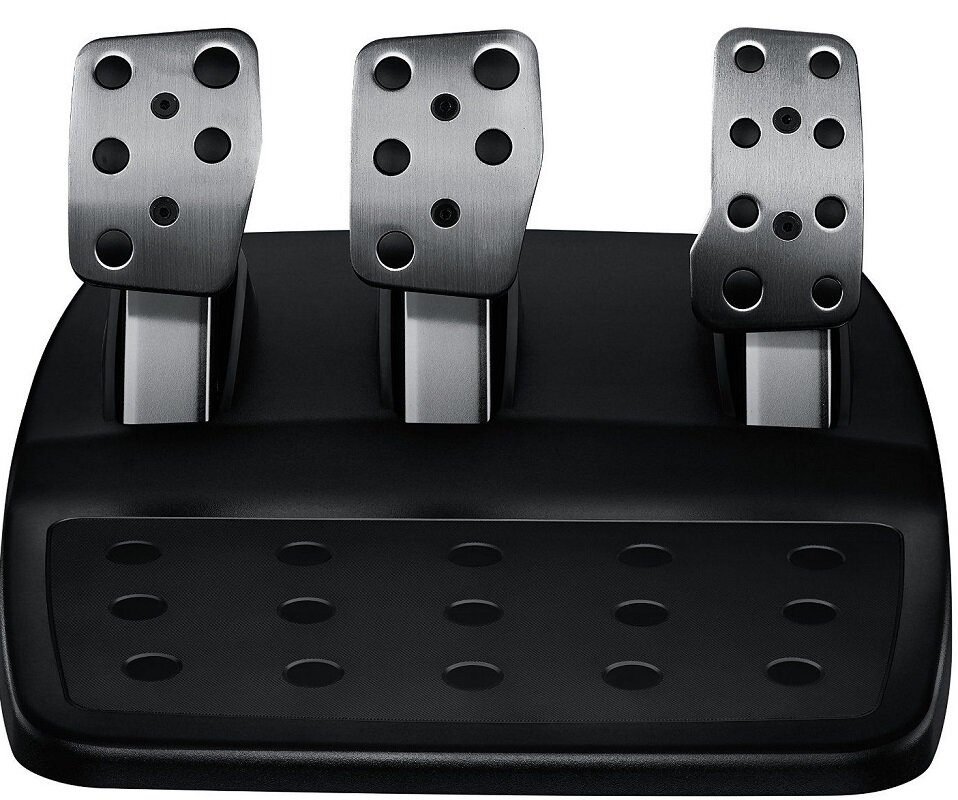 Na obrazie widoczne są trzy metalowe pedały zamontowane na czarnej podstawie. Każdy pedał ma kilka okrągłych otworów.