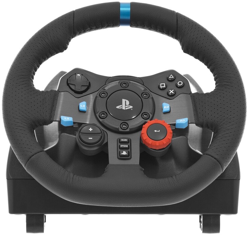 Czarna kierownica z logo PlayStation na środku, posiada przyciski funkcyjne i kolorowe elementy. Wykonana z materiału imitującego skórę z niebieskimi i czerwonymi akcentami.