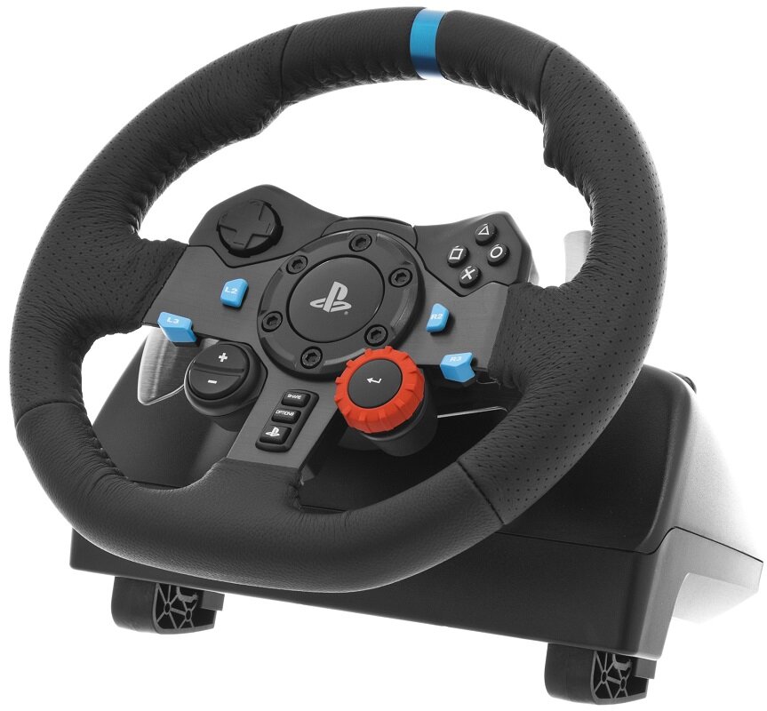 Czarna kierownica z czerwonym pokrętłem i niebieskimi przyciskami, z widocznym logo PlayStation na środku. Produkt posiada teksturowane uchwyty i kilka przycisków funkcyjnych.