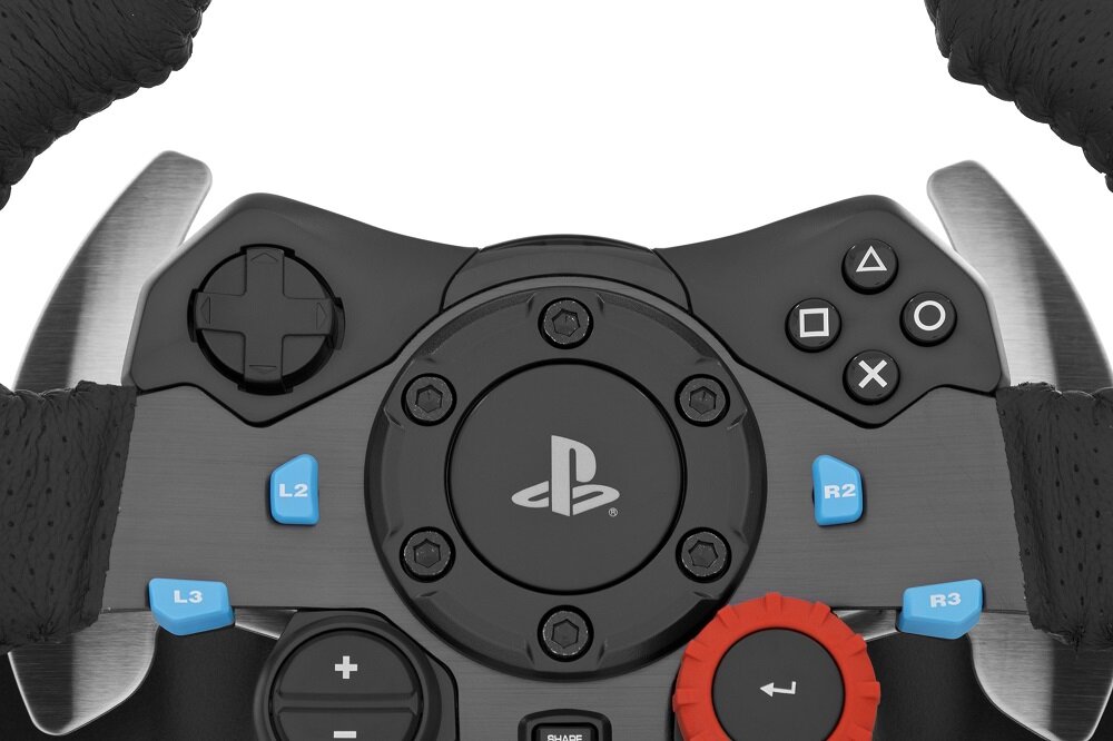 Fragment kierownicy do gier z widocznymi przyciskami oznaczonymi jako L2, L3, R2 oraz symbolem PlayStation na środku. Kierownica ma czarne i niebieskie elementy oraz czerwone pokrętło.