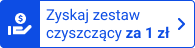 na emblemacie widnieje napis zyskaj zestaw czyszczący za 1 zł z lewej strony jest kawałak niebieskiego tła z piktogramem ręki i monety