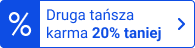 emblemat z napisem druga tańsza karma 20% taniej obok znajduje się znak procenta na niebieskim tle