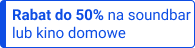emblemat z niebieskim napisem rabat do 50% na soundbar lub kino domowe