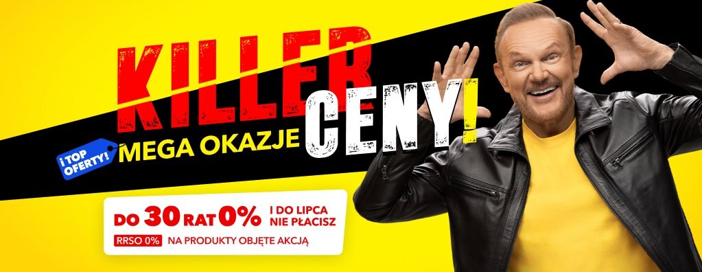 Czerowny plakt z żółtym tłem, na środku procent.Lekkie raty łatwe do spłaty 