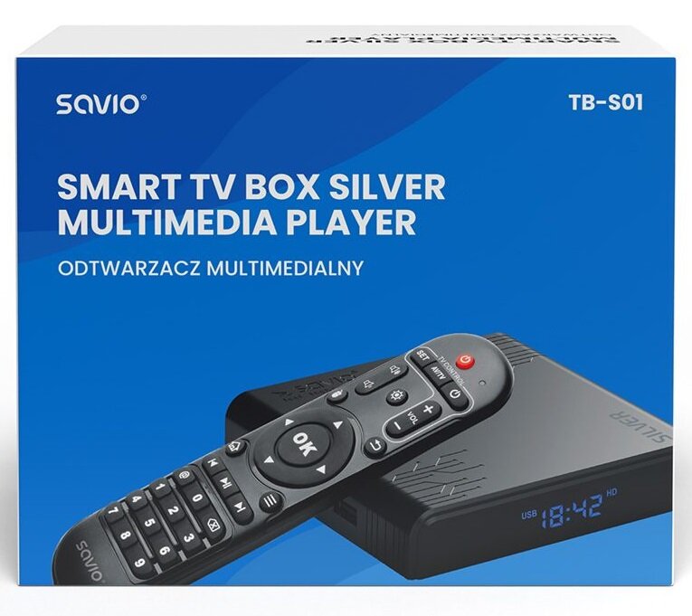 SAVIO Smart TV Box Silver, 2/16 GB Android 9.0 Pie, HDMI v 2.1, 8K, WiFi,  100mbps, USB 3.0, SAVIO TB-S01 Savio