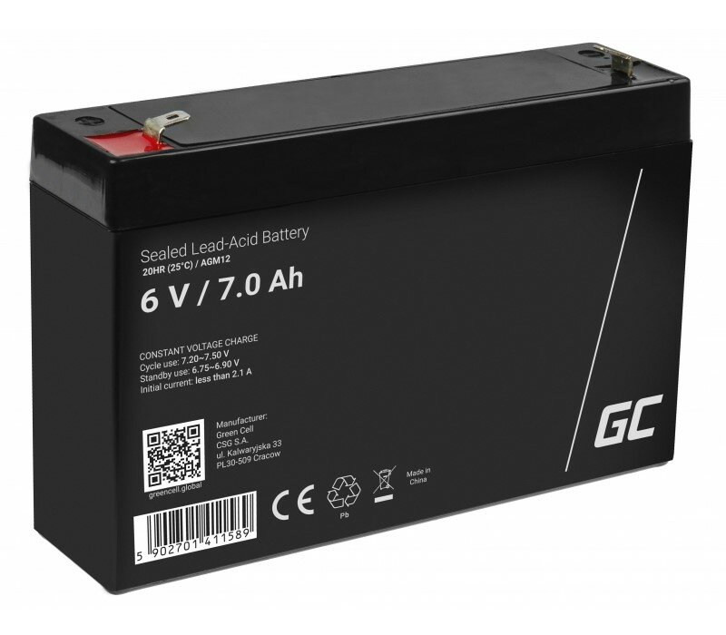 Batterie gel AGM VRLA 6V 7Ah Green Cell - 2 ans de garantie
