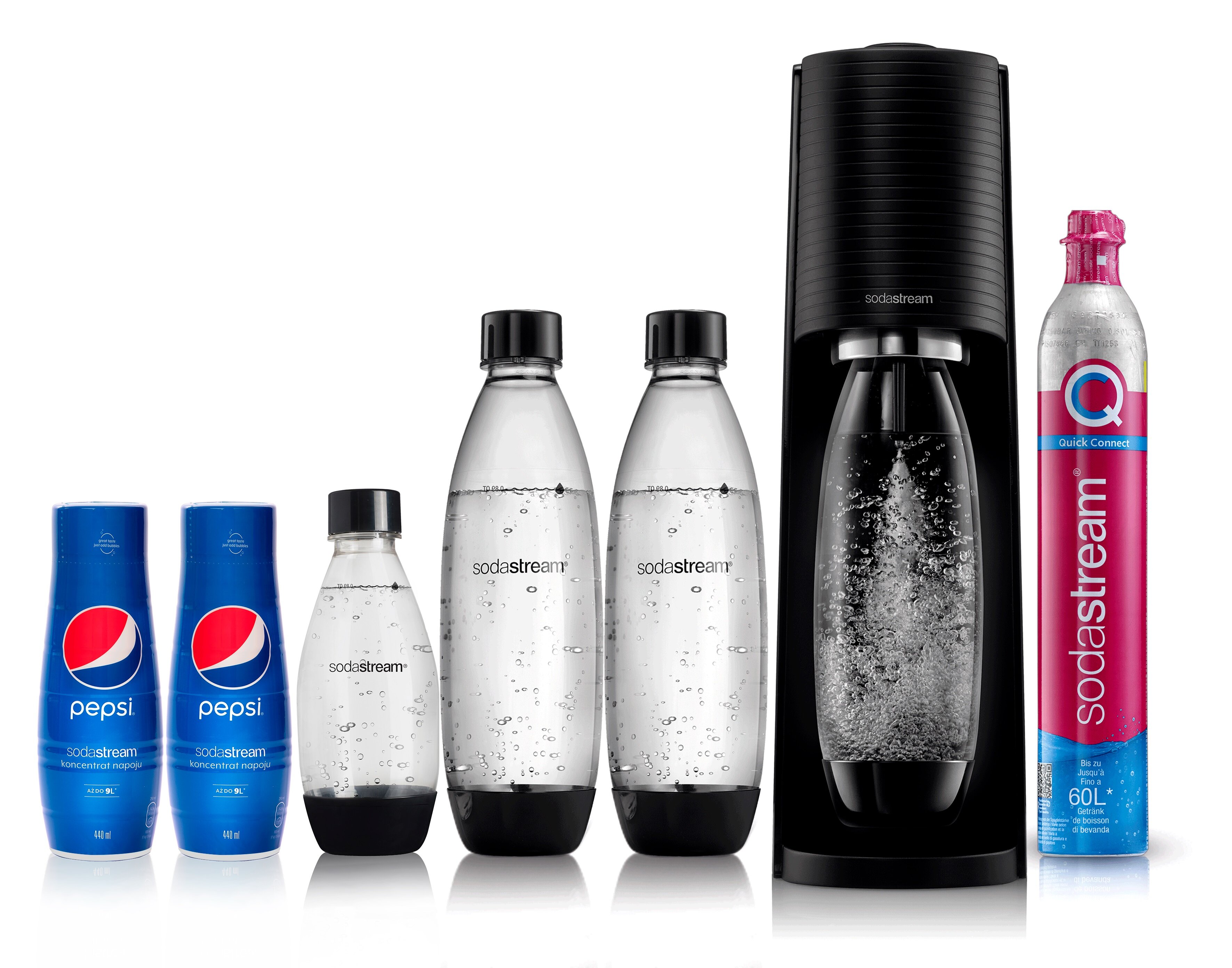 SODASTREAM Terra Czarny + 3 butelki + 2 syropy Pepsi Saturator niskie