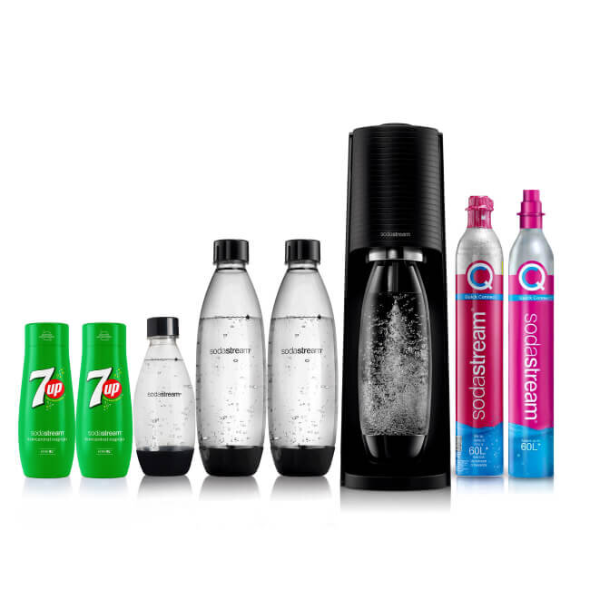 SODASTREAM Terra Czarny + 3 butelki + 2 syropy 7UP + Nabój SODASTREAM