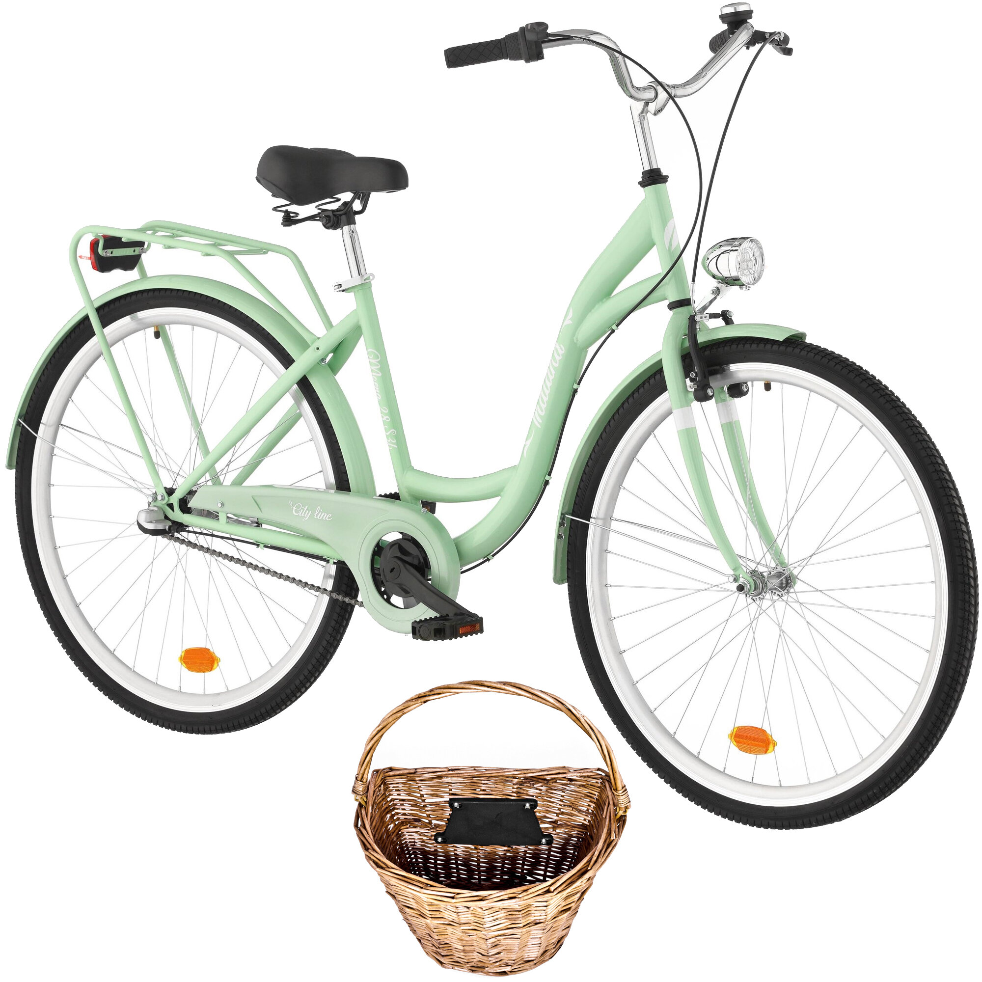 INDIANA Moena S3B 28 cali damski Miętowy + Koszyk wiklinowy na rower