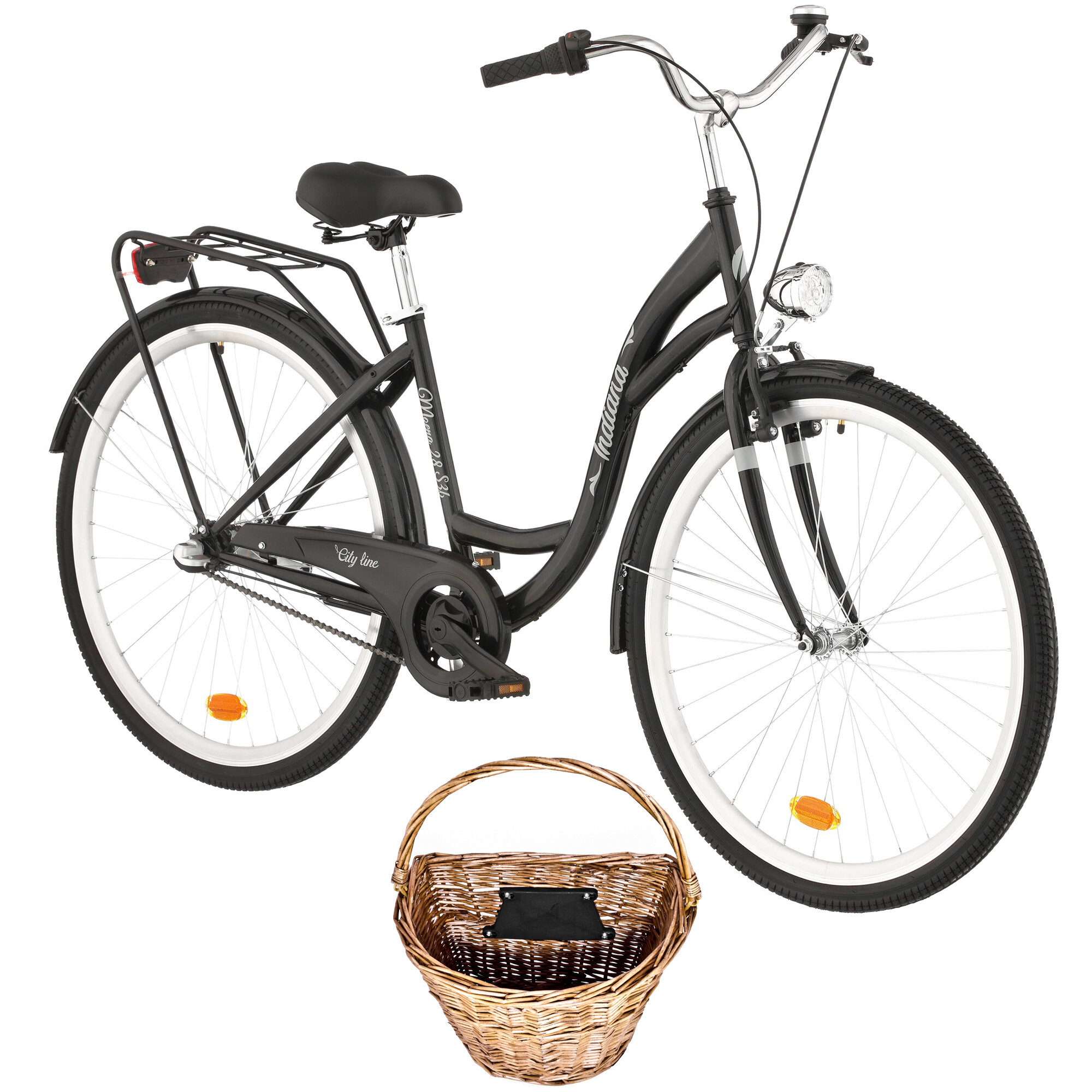 INDIANA Moena S3B 28 cali damski Czarny + Koszyk wiklinowy na rower