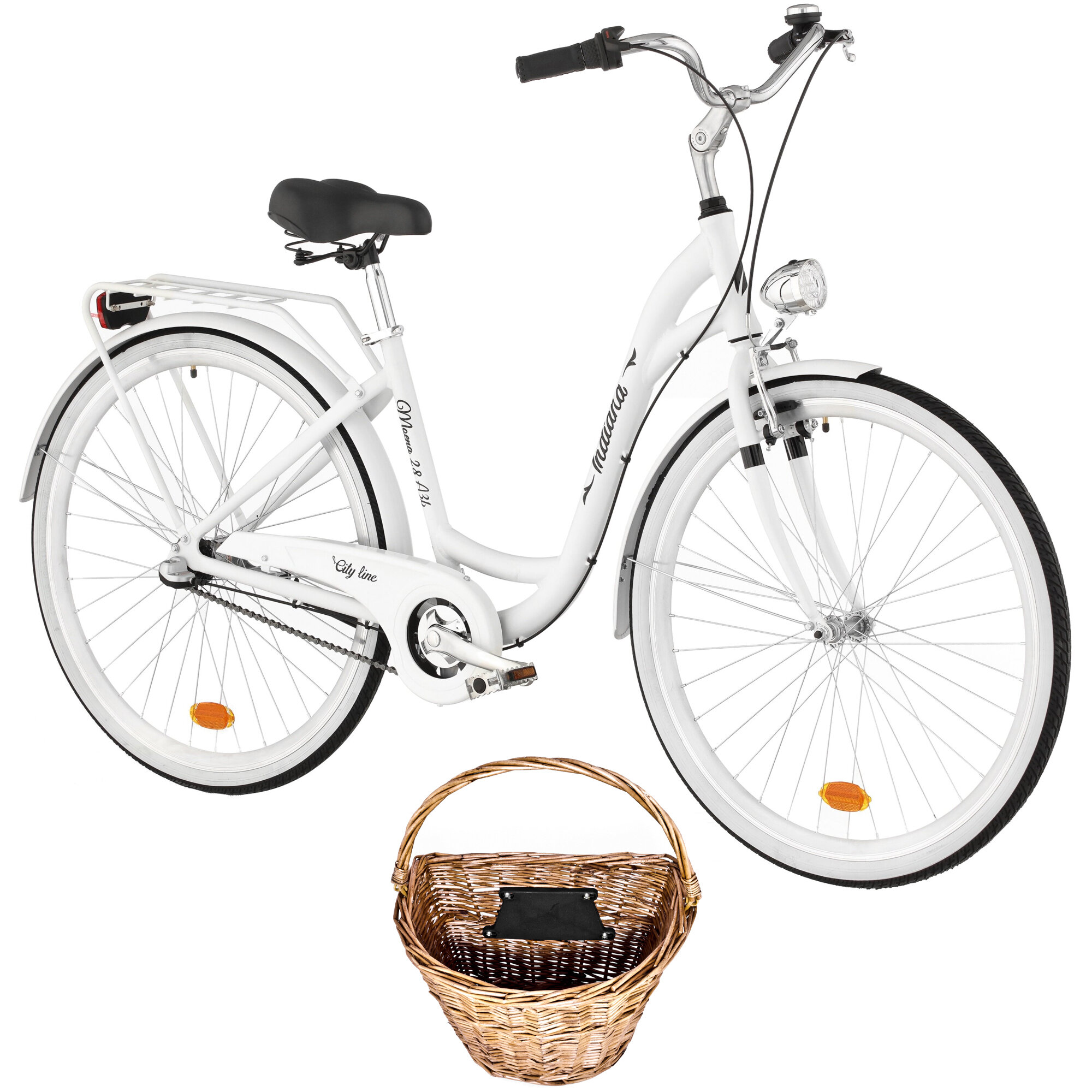 INDIANA Moena A3B 28 cali damski Biały + Koszyk wiklinowy na rower