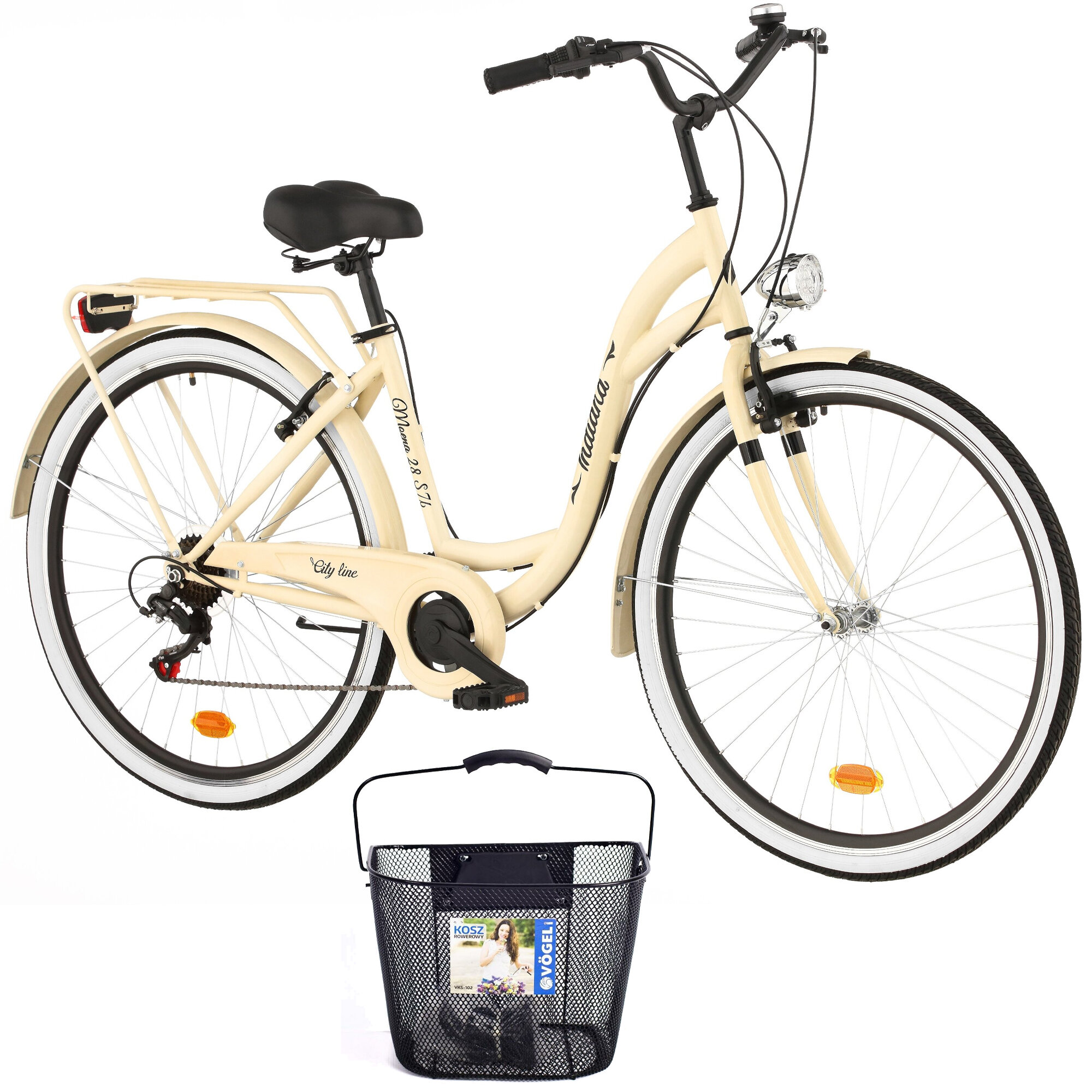 INDIANA Moena S7B 28 cali damski Cappuccino + Koszyk na rower VÖGEL VKS102 Click Stalowy Rower