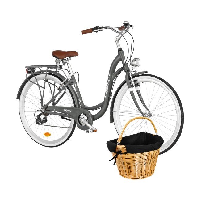 INDIANA Moena A7ZP 28 cali damski Szary + Koszyk wiklinowy na rower VÖGEL VKS702 Stylowy Czarny