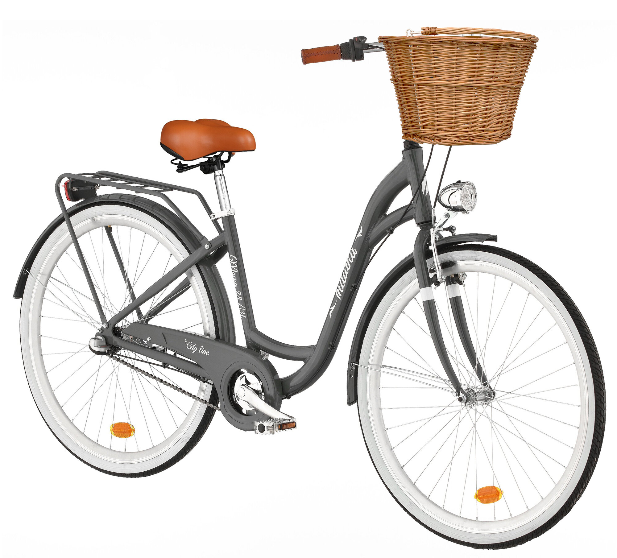 INDIANA Moena A3B 28 cali damski Grafitowy + Koszyk wiklinowy na rower VÖGEL VKS502 Stylowy