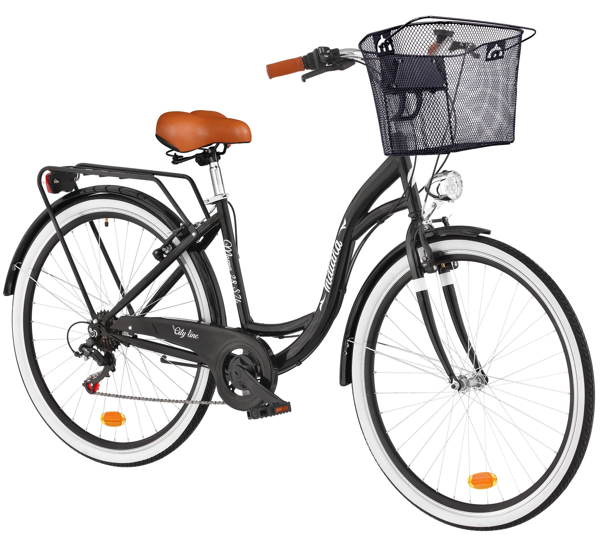 INDIANA Moena S7B 28 cali damski Czarny + Koszyk na rower VÖGEL VKS102 Click Stalowy Rower