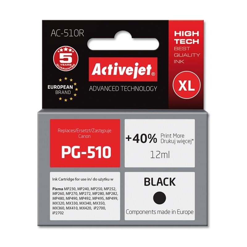Activejet AC-510R Tusz do drukarki Canon, Zamiennik Canon PG-510; Premium; 12 ml; czarny. Drukuje więcej o 40%.