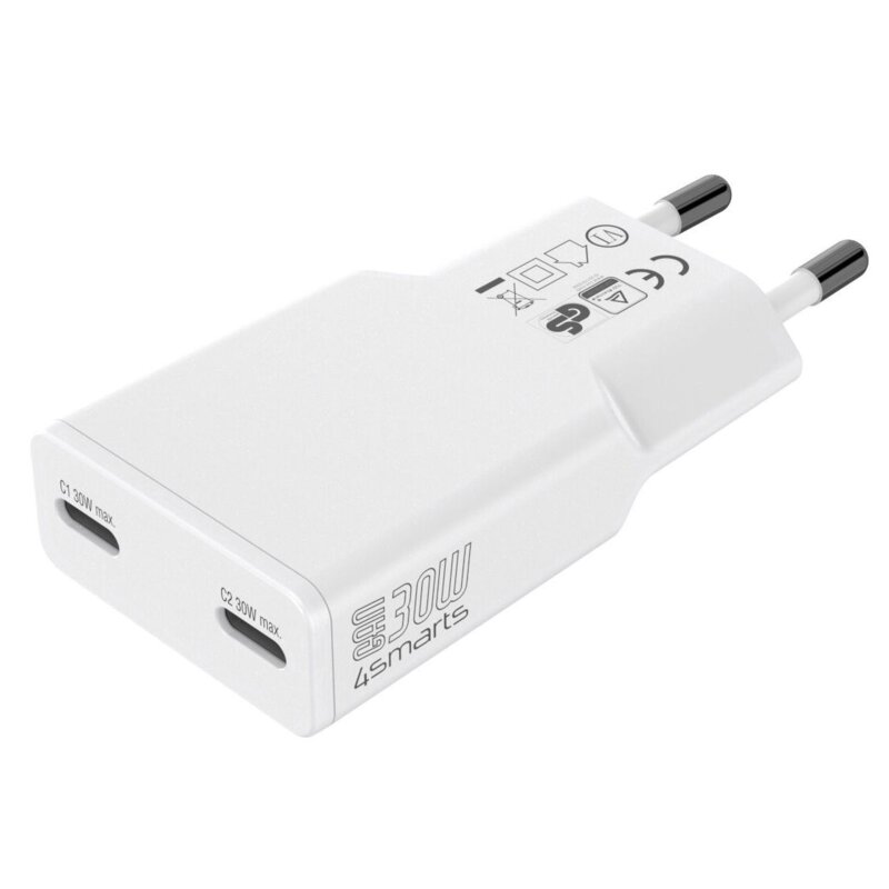 4smarts Ładowarka sieciowa FlatPlug Slim Dual 30W GaN 2xUSB-C biały