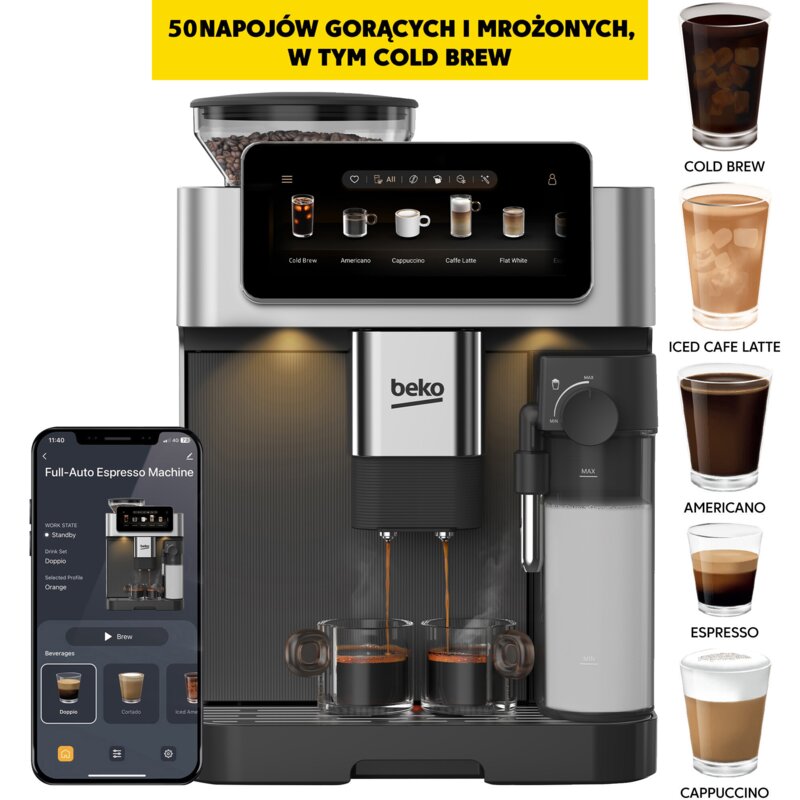 Ekspres BEKO CaffeExperto CEG8564X 50 programów ColdBrew Kawy mrożone 19 bar Stalowy młynek Zdalne sterowanie Inox