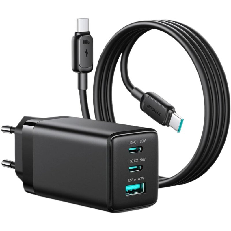 Ładowarka sieciowa JOYROOM JR-TG10 65W GaN Czarny ładowarka do telefonu 2xUSB-C, USB-A + kabel