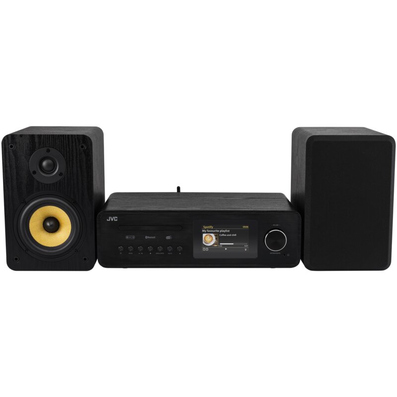 Wieża JVC MX-E455B Czarna, Odtw.CD/-R/-RW, Wi-Fi, BT, Kolorowy wyświetlacz, Radio Internetowe, Tuner FM/DAB+, Wejście Optyczne