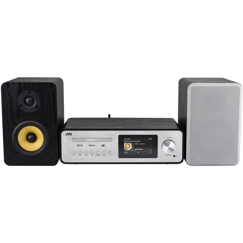 Wieża JVC MX-E455B Srebrna, Odtw.CD/-R/-RW, Wi-Fi, BT, Kolorowy wyświetlacz, Radio Internetowe, Tuner FM/DAB+, Wejście Optyczne