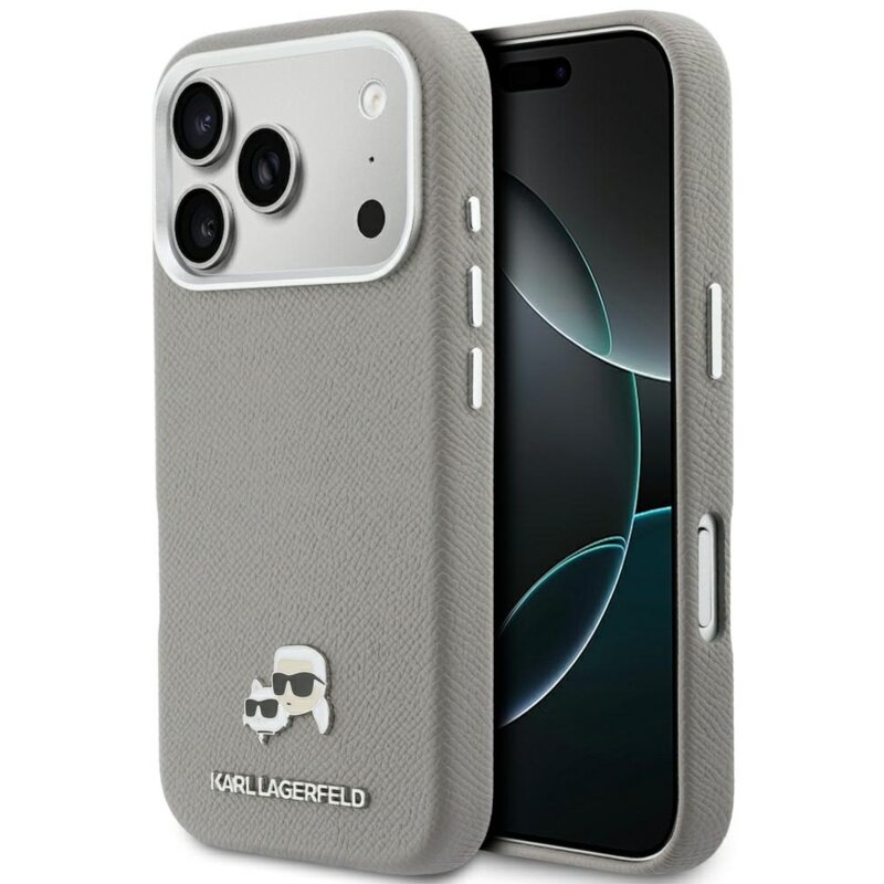 Karl Lagerfeld Karl & Choupette Head Pins Saffiano MagSafe do iPhone 17 Pro Max Szary