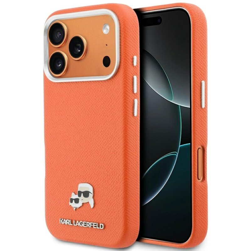 Etui KARL LAGERFELD Karl & Choupette Head Pins Saffiano MagSafe do Apple iPhone 17 Pro Pomarańczowy
