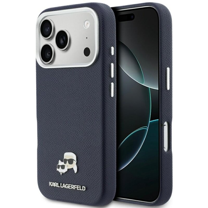Etui KARL LAGERFELD Karl & Choupette Head Pins Saffiano MagSafe do Apple iPhone 17 Pro Niebieski