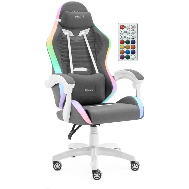 Fotel gamingowy HELL'S CHAIR HC-1012 Tkanina Szaro-biały RGB
