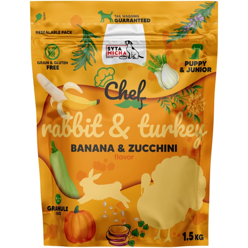 SYTA MICHA Chef Puppy Królik, indyk, banan i cukinia - sucha karma dla psa - 1,5 kg