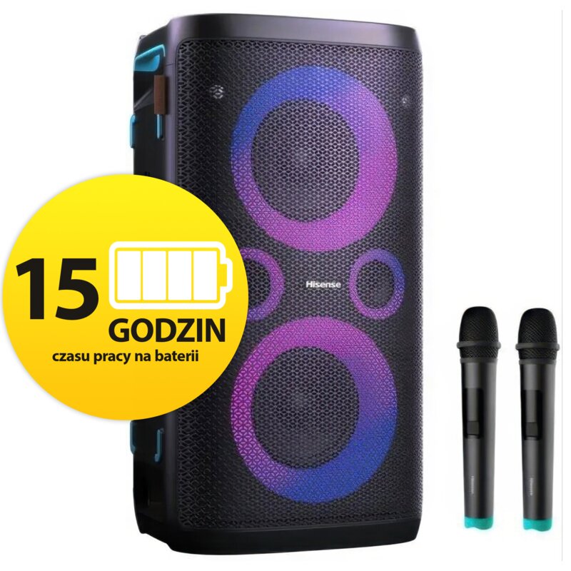 Power Audio HISENSE Party Storm I, 300W, Bluetooth, Bateria 15 godzin, Dwa mikrofony w zestawie, Funkcja Power Bank, IPX 4