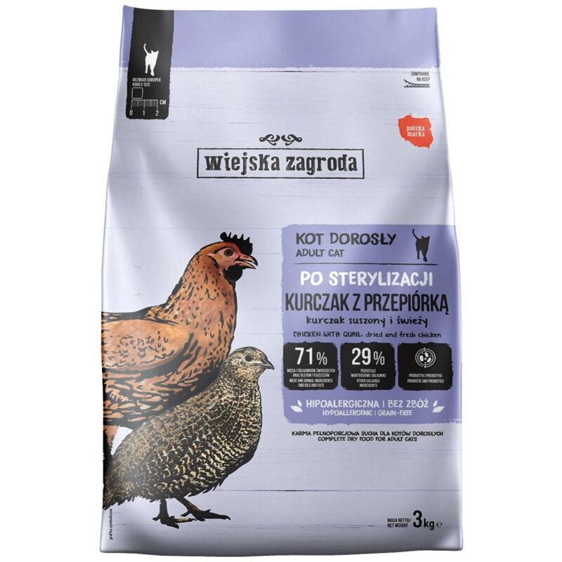 WIEJSKA ZAGRODA Po sterylizacji Kurczak z przepiórką - sucha karma dla kota - 3kg