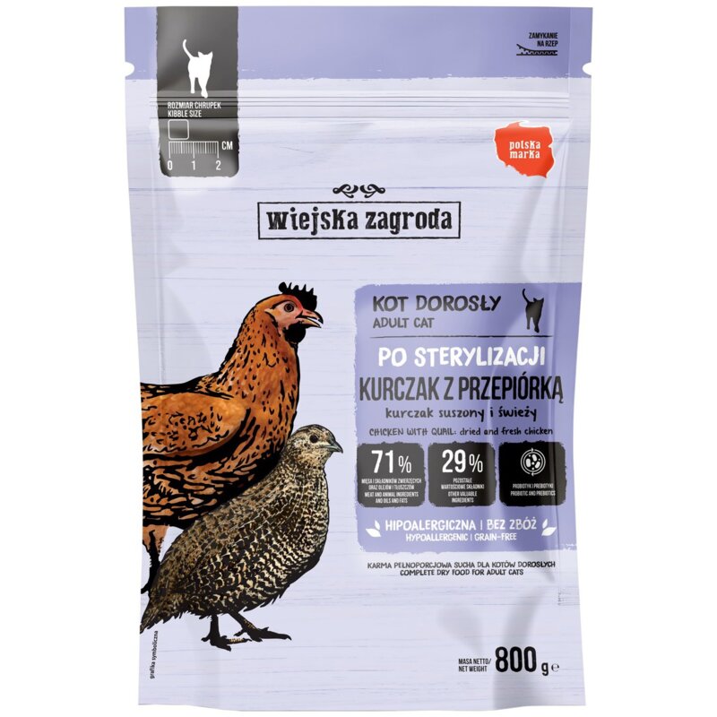 WIEJSKA ZAGRODA Po sterylizacji Kurczak z przepiórką - sucha karma dla kota - 800g