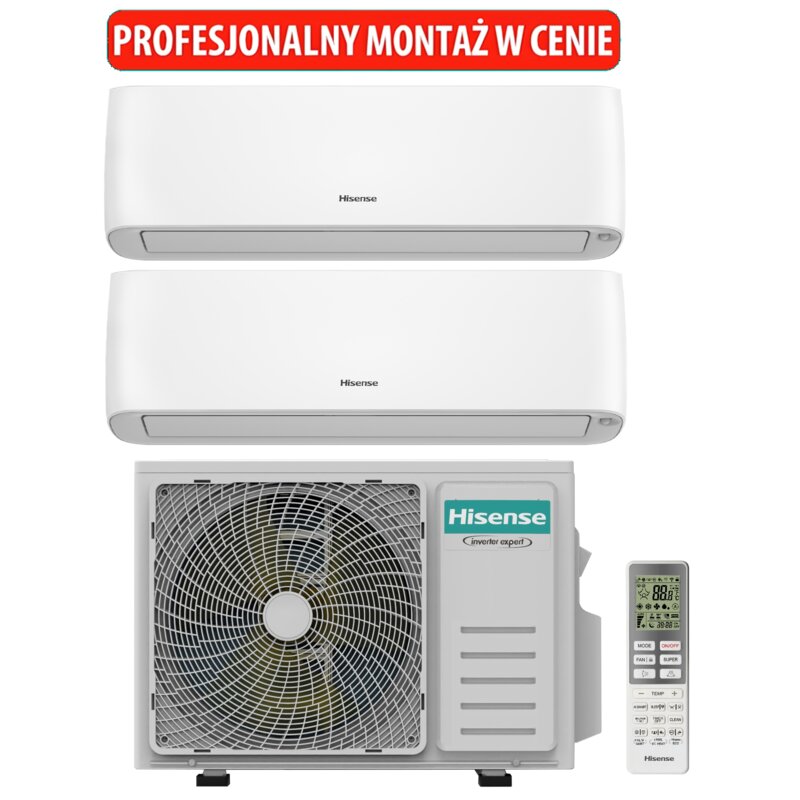 Klimatyzator Multi Split, Pompa ciepła powietrze - powietrze HISENSE 2AMW52U4RXC QE25XV4EG QE35XV4EG (2 pomieszczenia) z usługą montażu