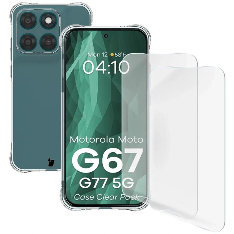 Etui BIZON Clear Pack do Motorola Moto G67/G77 5G Przezroczysty + folia ochronna (2 szt.)