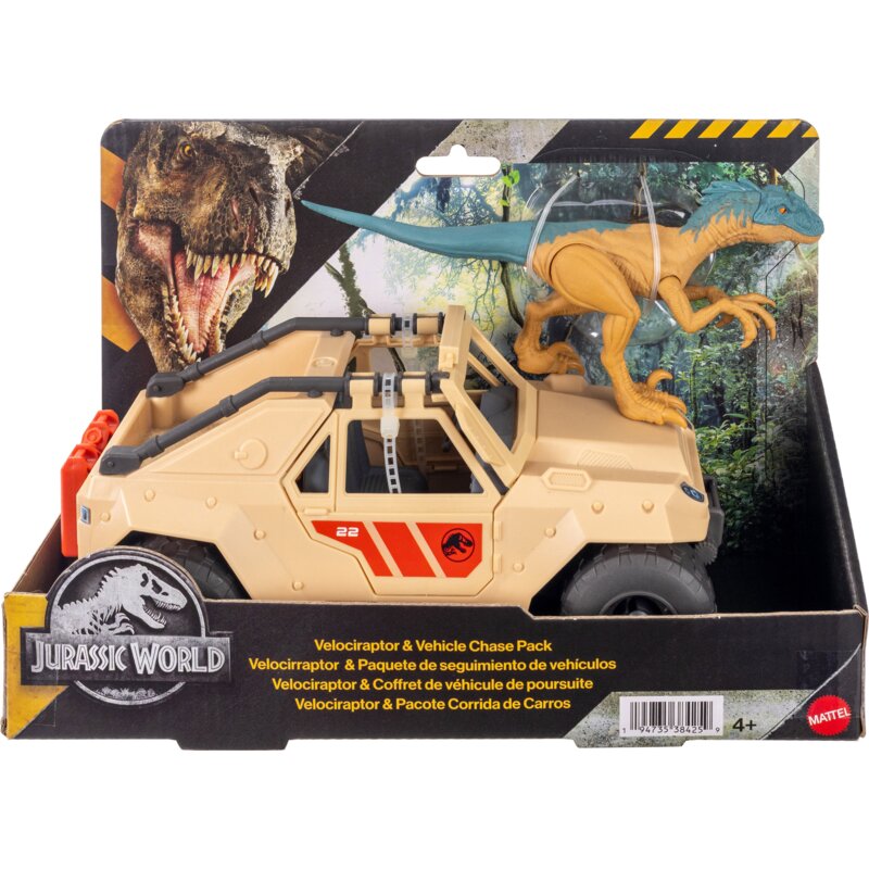 Figurka JURASSIC WORLD Welociraptor i pojazd – Pościg JMR67