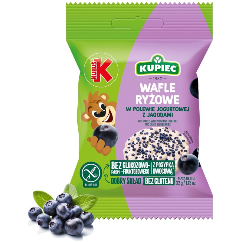 Wafle ryżowe KUPIEC & KUBUŚ w polewie jogurtowej z jagodami (12 x 32 g)