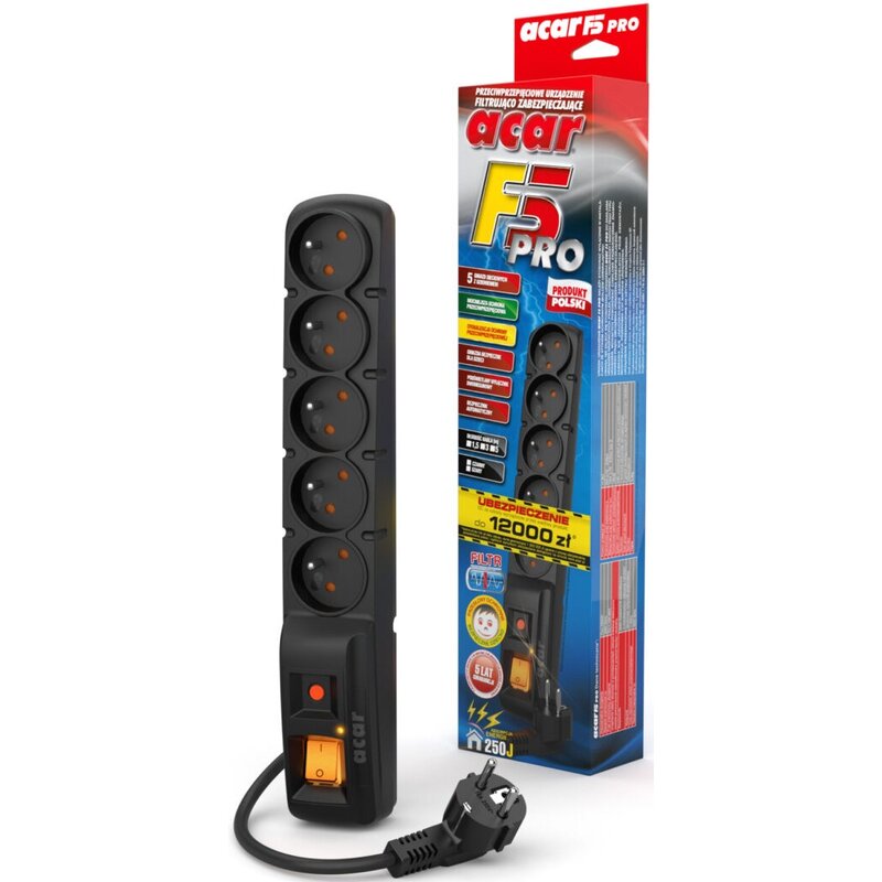 Acar F5 PRO 5 gniazd 3m Czarny