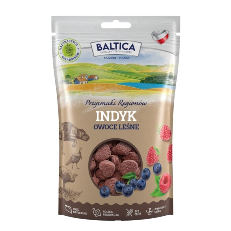 BALTICA Przysmaki regionów Mono Indyk z owocami leśnymi - przysmak dla psa - 100g