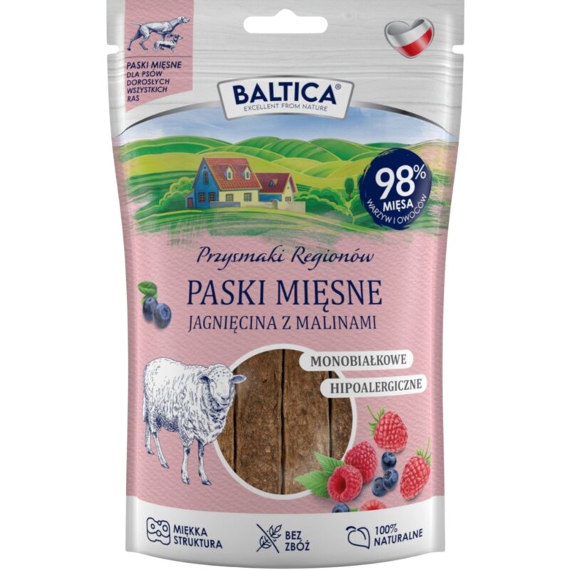 BALTICA Przysmaki Regionów Mono Paski mięsne Jagnięcina z malinami – przysmak dla psa – 90 g