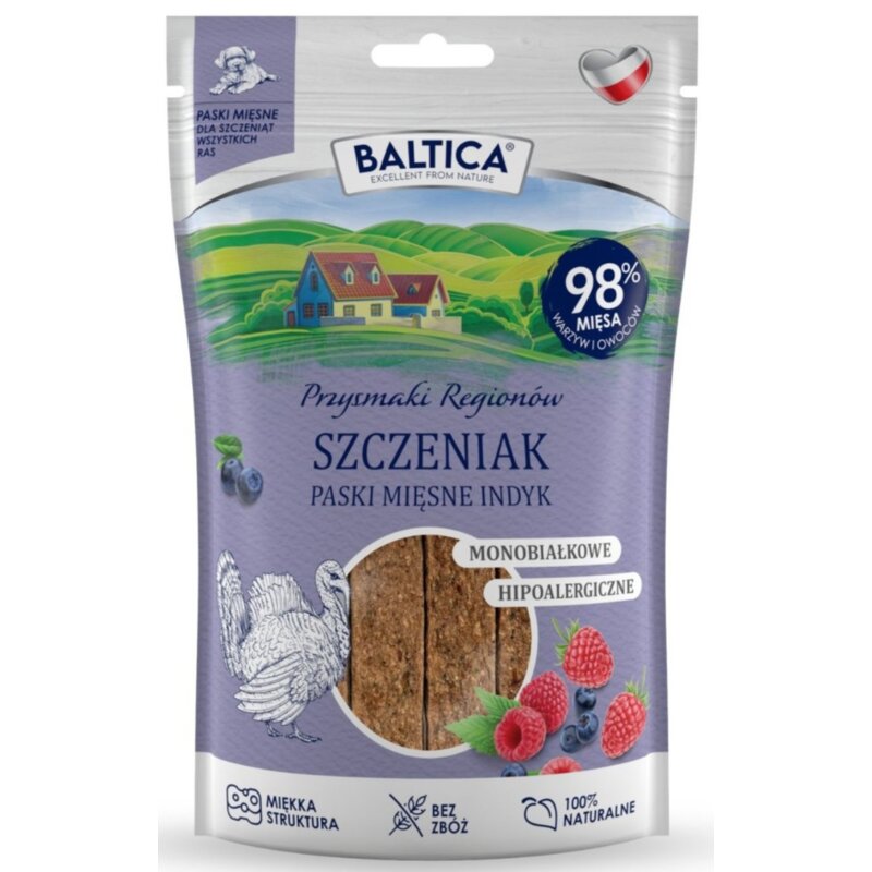 BALTICA Przysmaki Regionów Szczeniak Mono Paski mięsne Indyk – przysmak dla psa – 90 g