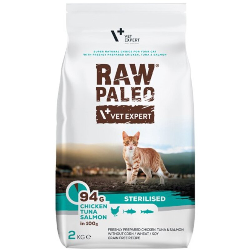 RAW PALEO STERILISED CAT - sucha karma z kurczakiem, tuńczykiem i łososiem dla kotów sterylizowanych 250g