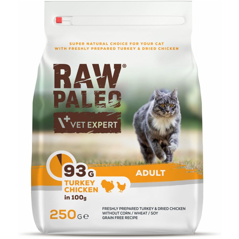 RAW PALEO ADULT CAT - sucha karma z indykiem i kurczakiem dla kotów dorosłych 250g