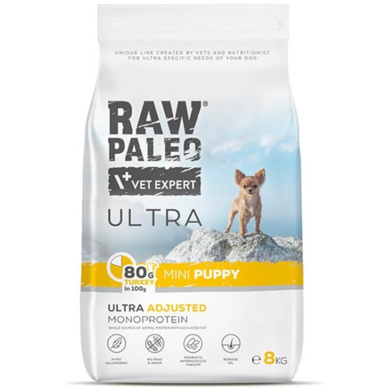 RAW PALEO ULTRA TURKEY PUPPY MINI - sucha karma z indykiem dla szczeniąt ras małych 8kg