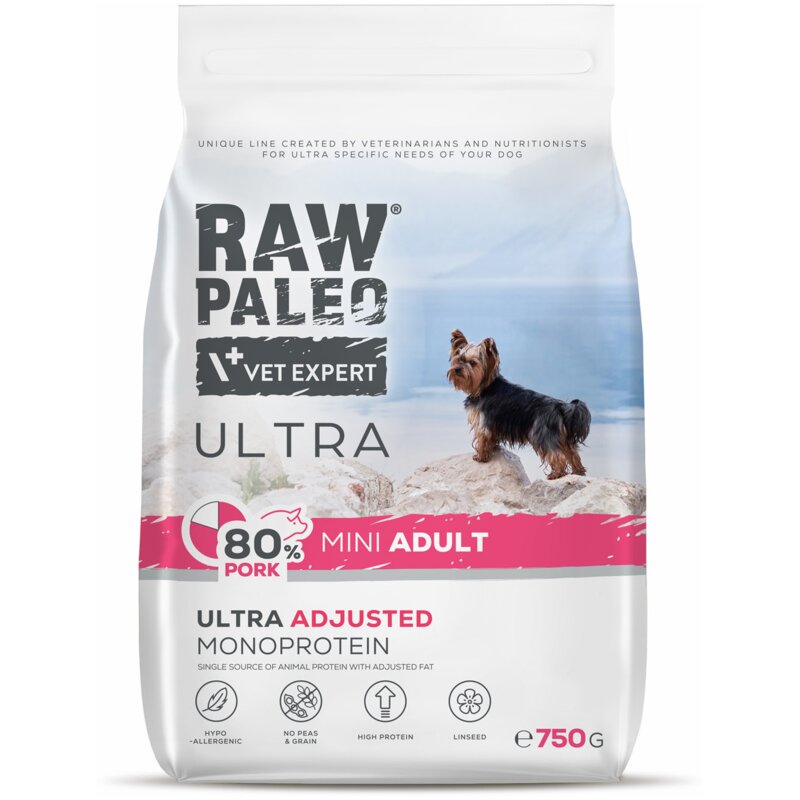 RAW PALEO ULTRA PORK ADULT MINI - sucha karma z wieprzowiną dla psów dorosłych ras małych 750g