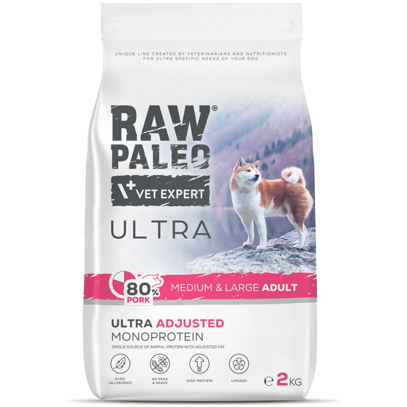 RAW PALEO ULTRA PORK ADULT MEDIUM/LARGE - sucha karma z wieprzowiną dla psów dorosłych ras średnich i dużych 2kg