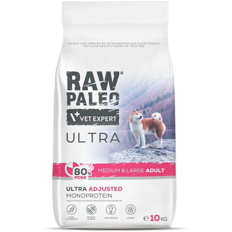 RAW PALEO ULTRA PORK ADULT MEDIUM/LARGE - sucha karma z wieprzowiną dla psów dorosłych ras średnich I dużych 10kg