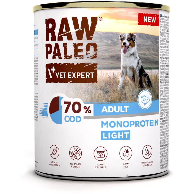 RAW PALEO COD LIGHT MONOPROTEIN ADULT DOG 800g - mokra karma dla psów z tendencją do nadwagi monoproteina z dorszem
