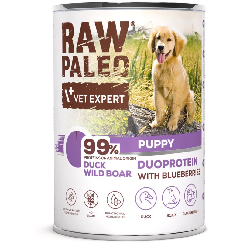 RAW PALEO DUCK&BOAR PUPPY CAN - mokra karma dla szczeniąt duoproteina kaczka z dzikiem puszka 400g