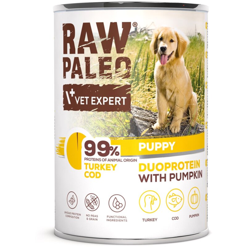 RAW PALEO TURKEY&COD PUPPY CAN - mokra karma dla szczeniąt duoproteina indyk z dorszem puszka 400g